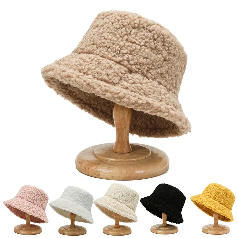 Unisex Harajuku Bucket Hat Graffiti Solid Women Men Fishing Fisherman Hat Autumn Winter Lamb Wool Outdoor Warm Panama Cap