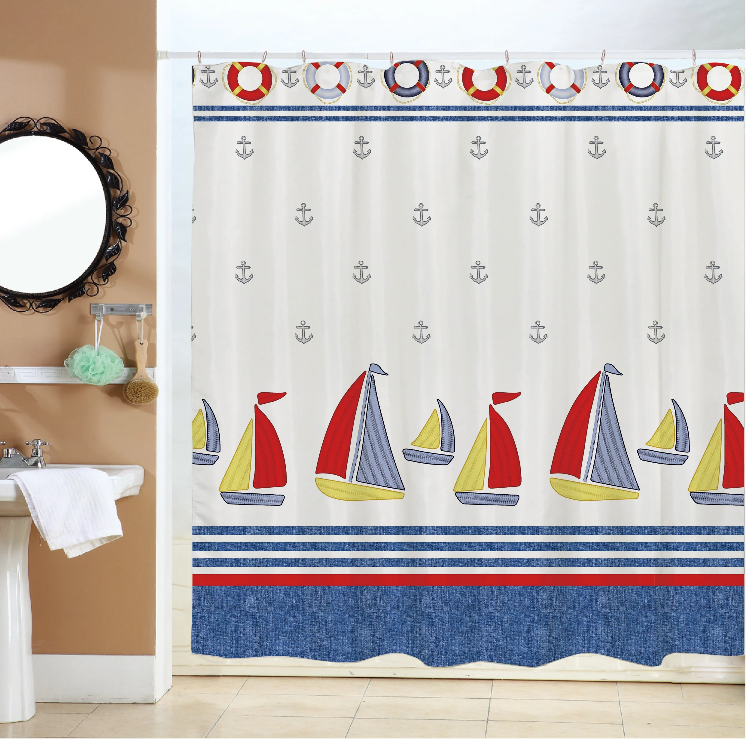 Hot Sale Polyester Shower Curtain for Bathroom Marine design Blue, 180 x 180 cm Fabric 100% Polyester