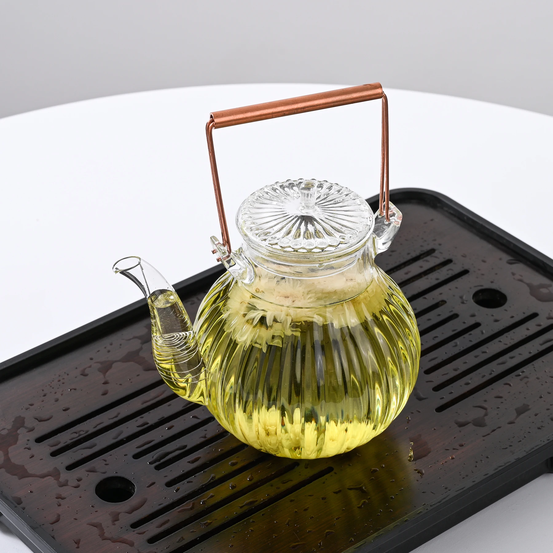 700ml Borosilicate Glass Teapot Heat-resistant Kettle Flower Tea Set Bamboo Handle Teaware Household Office Coffee Bar Supplies