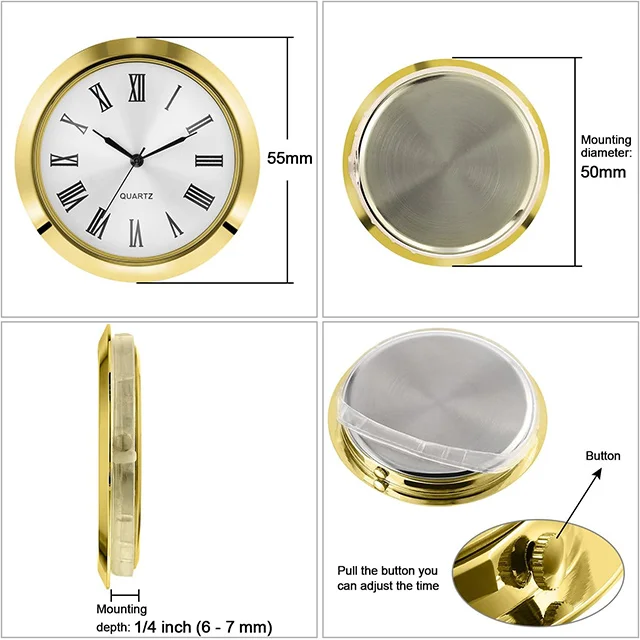 2-1/5 Inch (55mm) Round Quartz Clock Insert Mini Quartz Movement Insert Watch with Arabic Numerals Fit 50 mm Diameter Hole