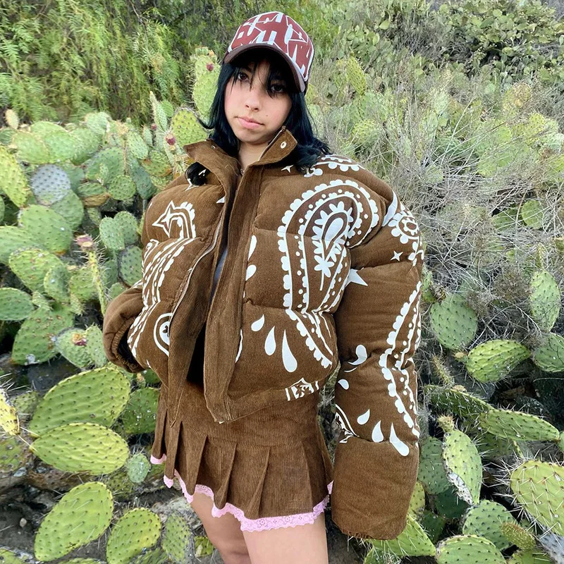 JY043 Новое Женское Укороченное пальто с принтом бандана, стеганая куртка-пуховик, Вельветовая зимняя женская куртка