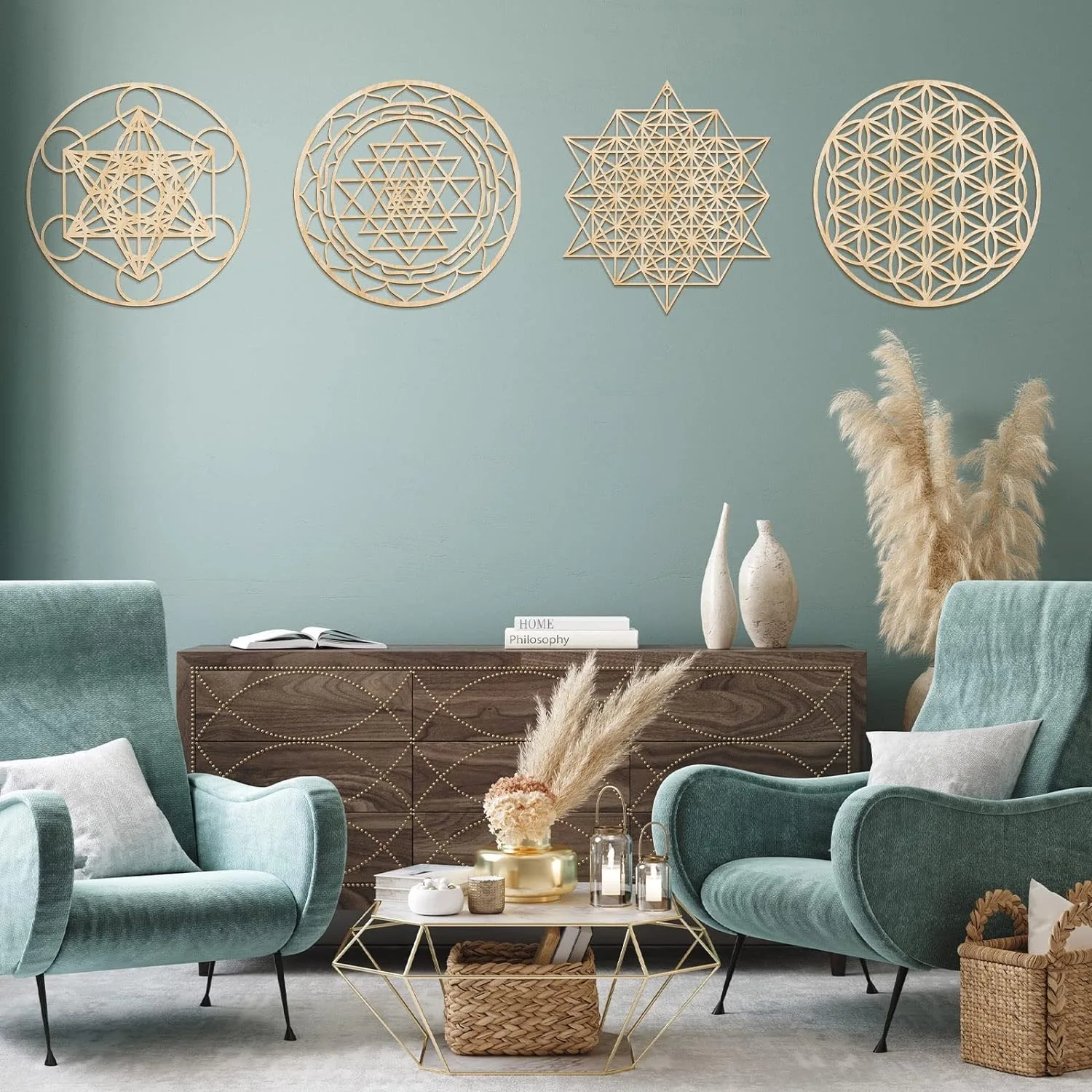 12IN Mandala Natural Wooden Sacred Geometry Crystal Grid Wall Art Laser Cut Wooden Sculpture Wall Art House Decoration