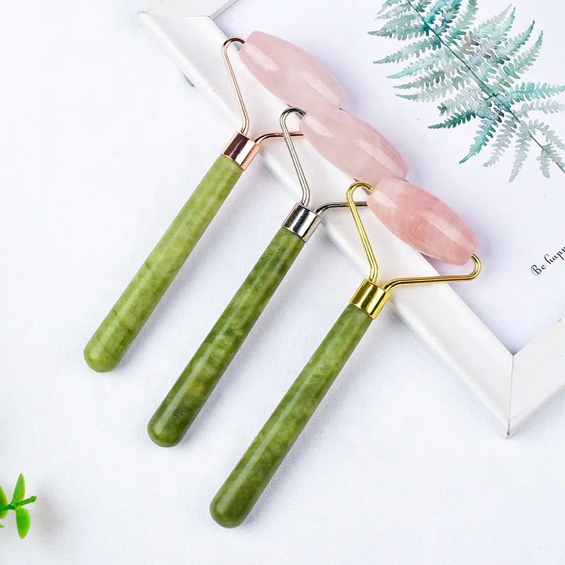 
Oem Private Label 100% Natural Beauty Roller Jade With Packaging Face Body Massager Stone Gua Sha Board Wood Handle Jade Roller 