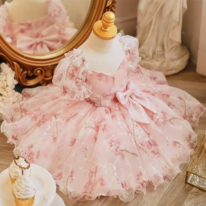 2024 Princess pink flower dresses for Baby Girls Birthday Wedding tulle dress frock clothing wholesale