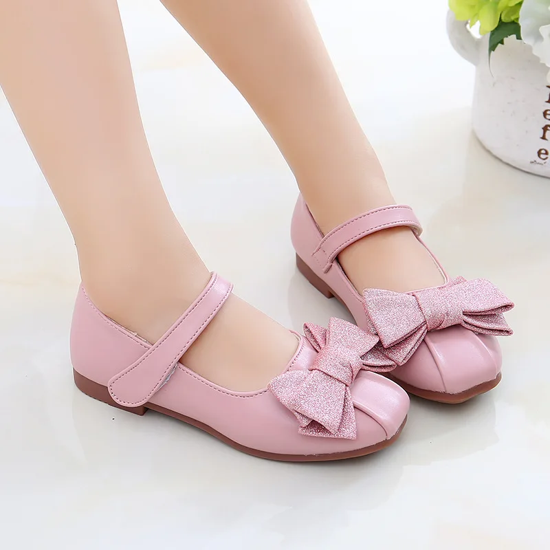 
peep-toe 3-12 years loafer youth student kids children little girl baby bowknot pink gold black leather mary jane casual shoes 