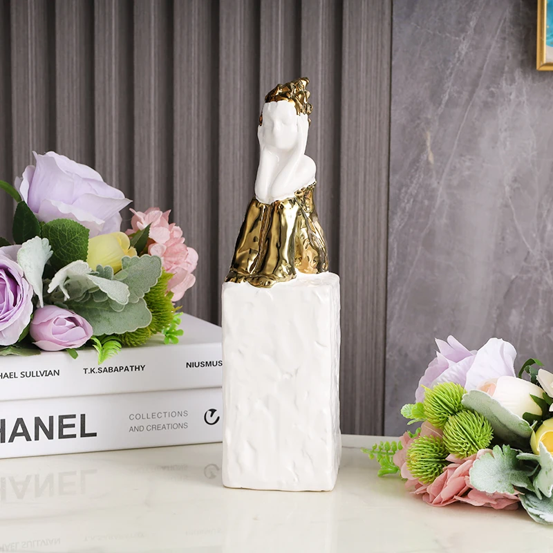 Girl Statue Golden Dress Ceramic Craft Art Ornament Art Figurine Home Decoration