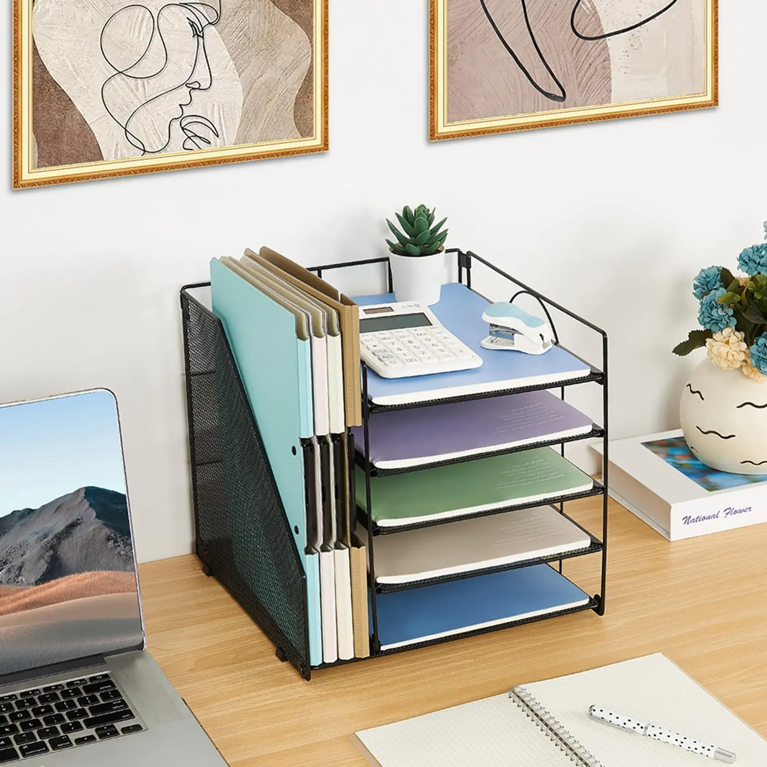 Desk Organizers and Accessories 5-Tier Black Metal Mesh Paper Letter Tray Organizer with File Holder for Office Supplies