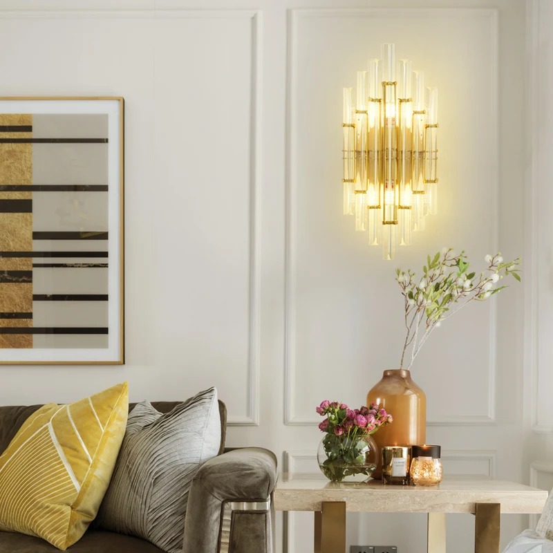 Modern Hotel Indoor Brass Living Room Bedside Luxury Wall Light Sconce Gold Iron Crystal Wall Lamp For Home Bedroom Decoration