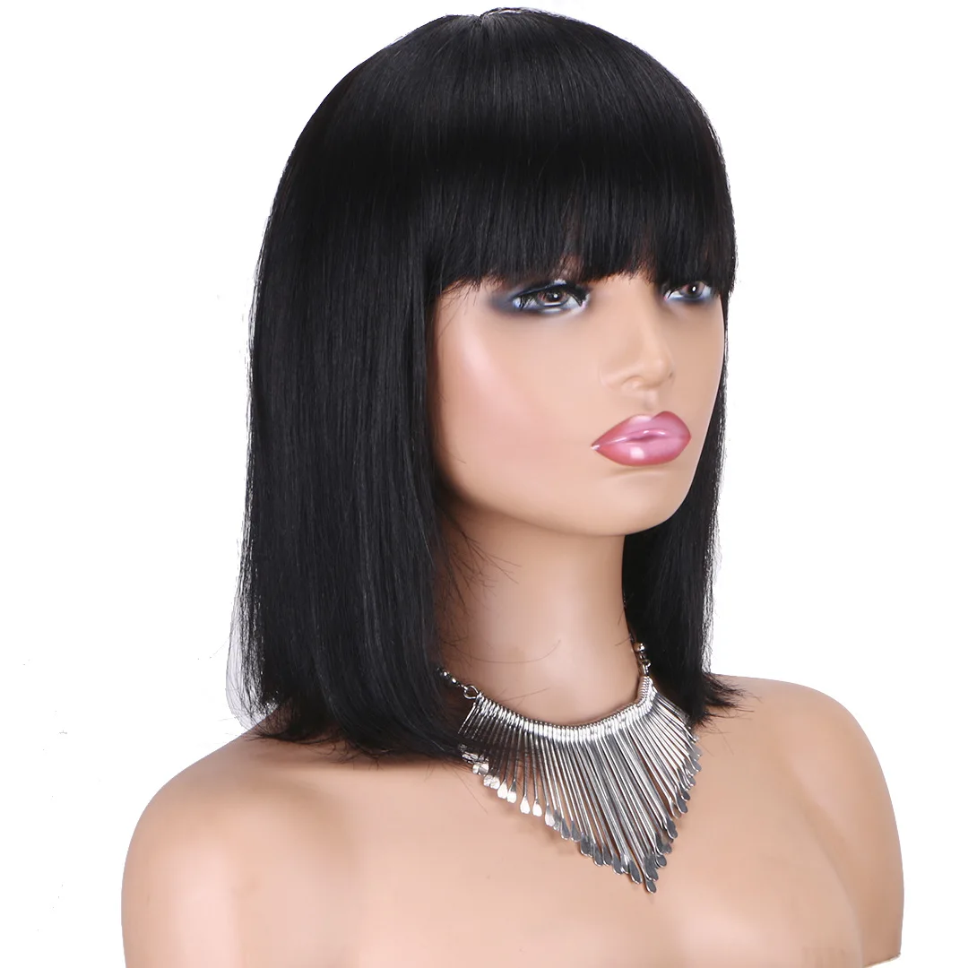Black short bob 8-14 inches machine made elastic inner net human hair wigs with bangs