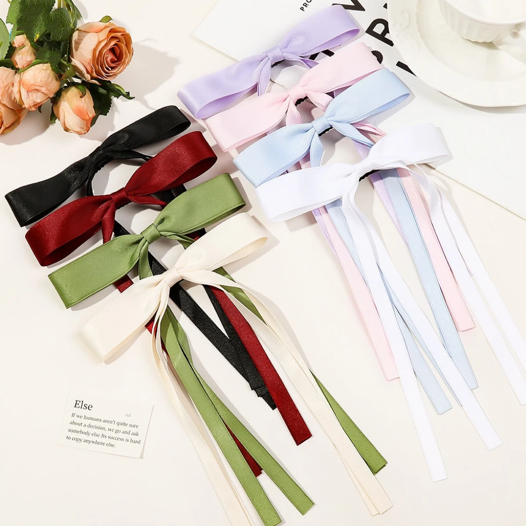 New Korean Hot Selling Sweet Girls Braided Ribbon Bow Hair Clips Elegant Solid Color Long Ribbon Hair Bow Duck Bill Hair Clips
