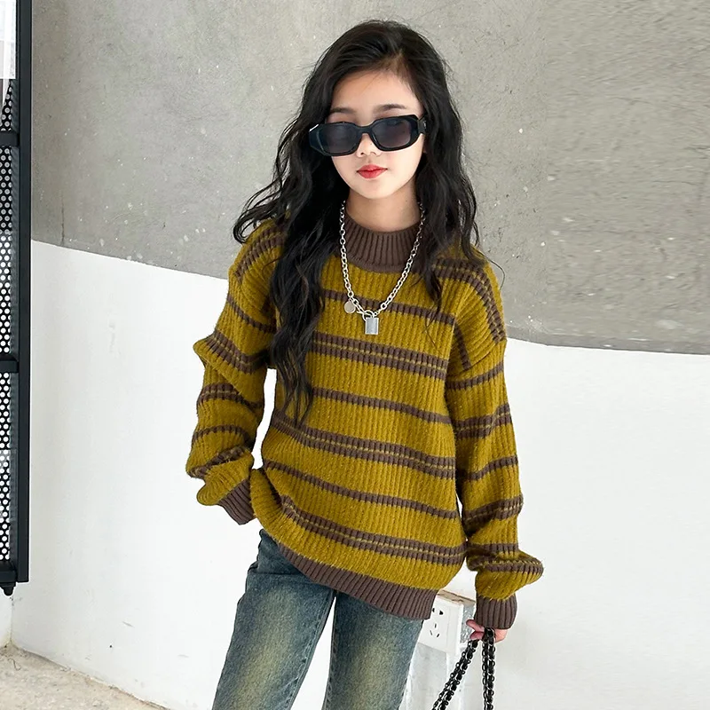 2023 Youths Girls Yellow Striped Pullover Knit Sweater 5-15 Years