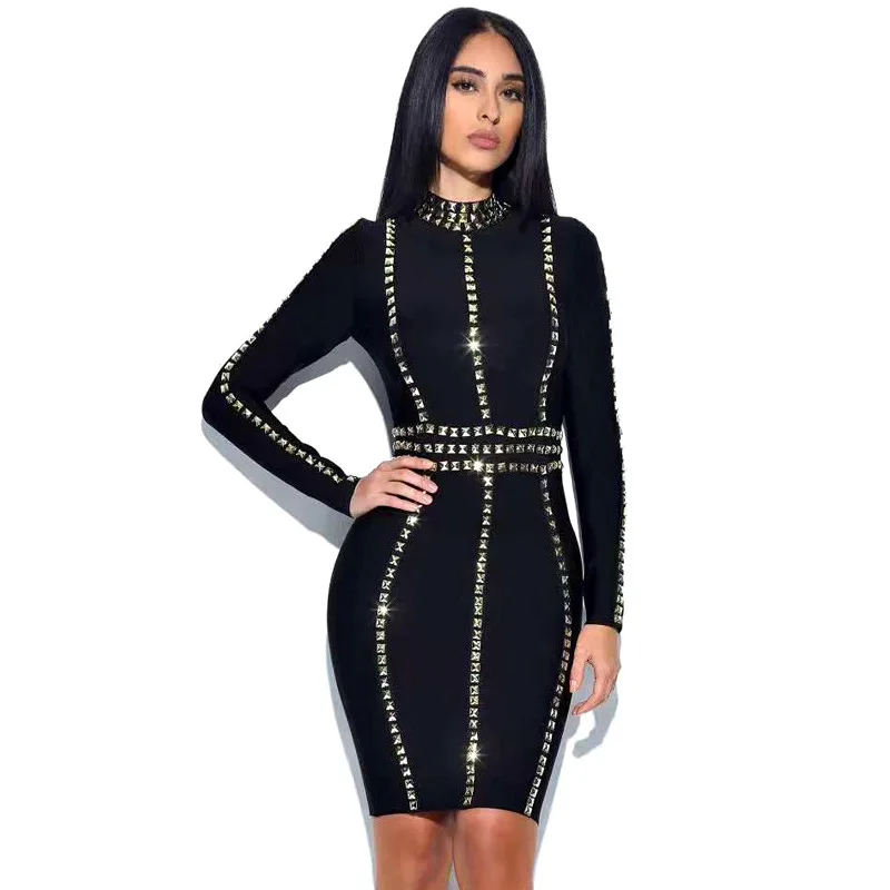 2021 Party club hand made wear sexy sequin beading prom dress long sleeve Black bandage luxury dresses
