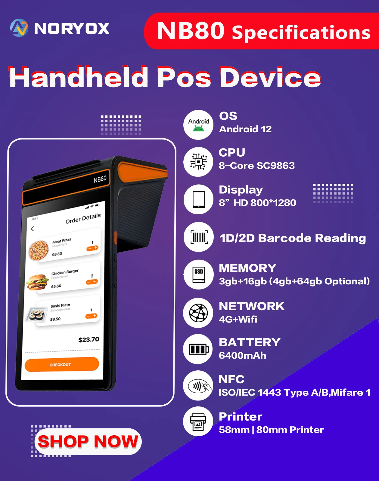 Noryox-NB80 8 inch Kit Punto de Venta Android 12/13 3+16gb Handheld QR Code Barcode Reader 58/80mm Thermal Printer Pos Machine
