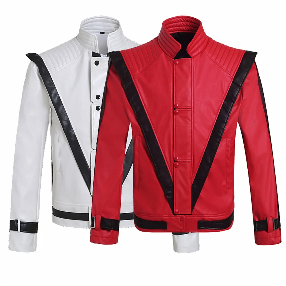 Красно-белая куртка для косплея Майкла Джексона на Хэллоуин мужская выступления сцене танцевального клуба MJ триллер Куртки из натуральной кожи