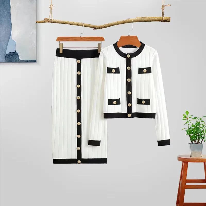 Autumn solid color knitted sexy dress suit fashionable cardigan suit knitted cardigan with skirt two-piece set for women