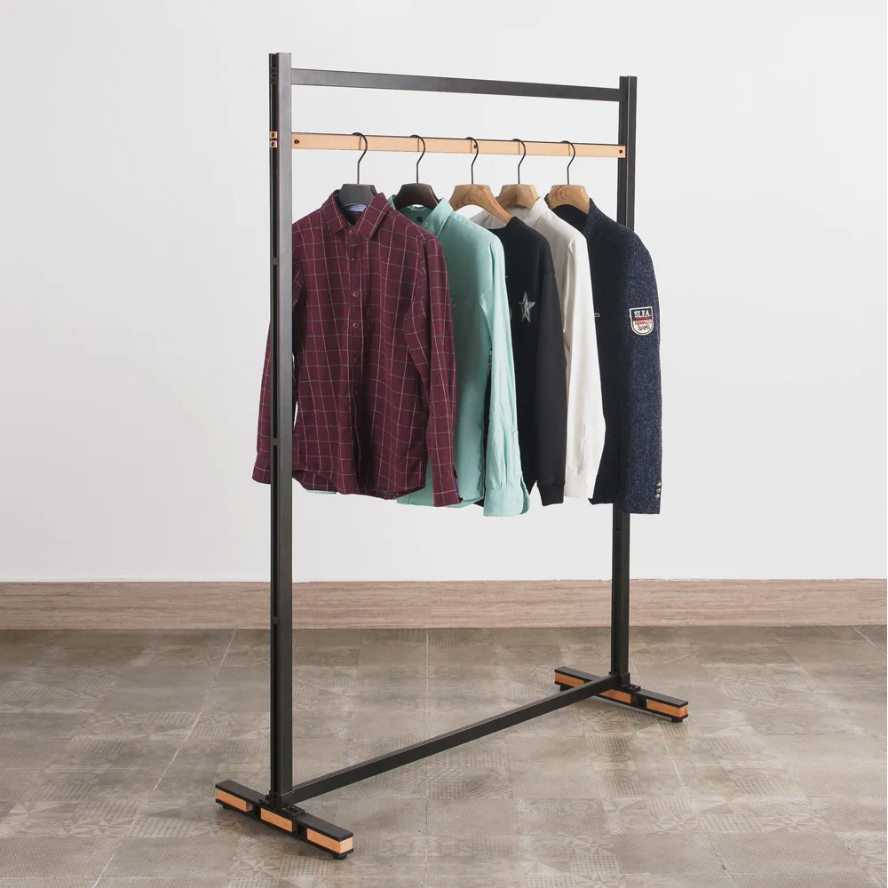 Clothing Boutique Furniture Metal and Wood Free Standing Clothes Hanging Rail Stand Apparel Display Cloth Rack