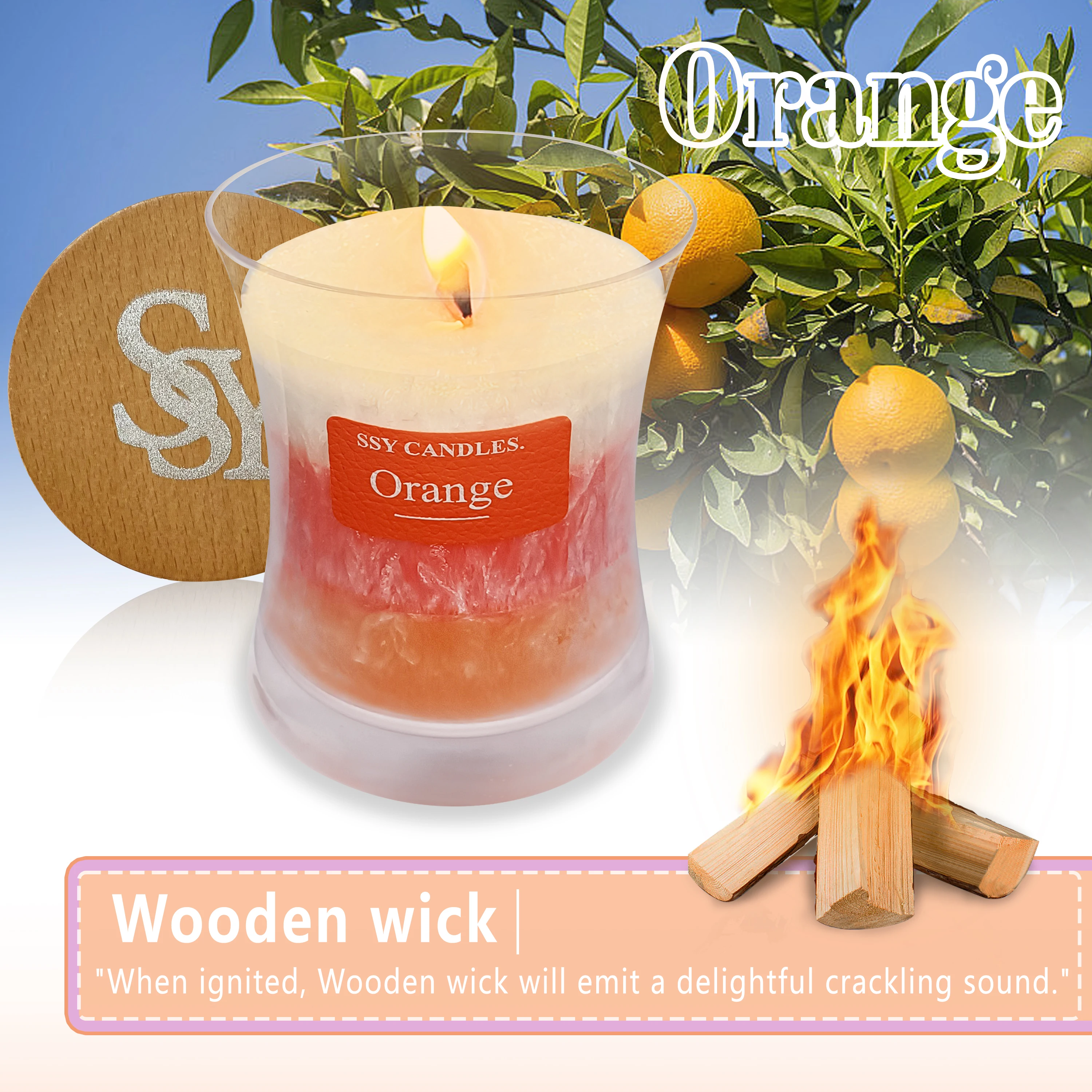 Orange Scented Candles Pure natural soy wax Natural wood core Pure handmade aromatherapy cup wax Exclusive ice crack texture