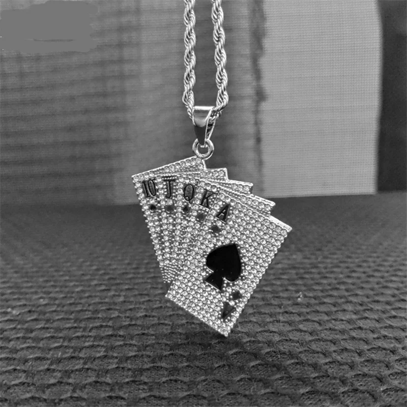 Full Diamond Gold Plated Alloy Poker Necklace Playing Cards Golden Pendant Jewelry