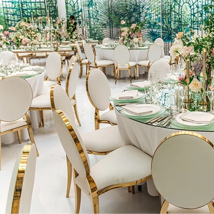 Hotel Banquet Wedding Events Party Round Oval Back Gold Metal Stainless Steel Stackable White Wedding Chairs