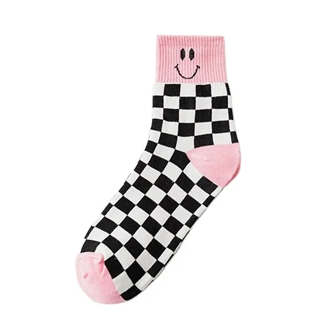 Women Chic Fashion Smiling-Face Checkers Cotton Socks