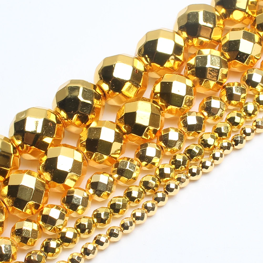 Wholesale 2/3/4/6/8/10/12MM 15inch Faceted 18K Gold Plated Color Hematite Stone Beads For Jewelry Making DIY