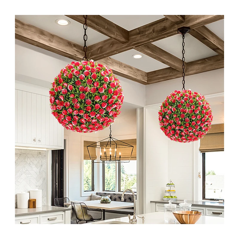 Q15A Garden Home Decoration Faux Topiary Hanging Plants Greenery Leaves and Red Rose Artificial Flower Ball