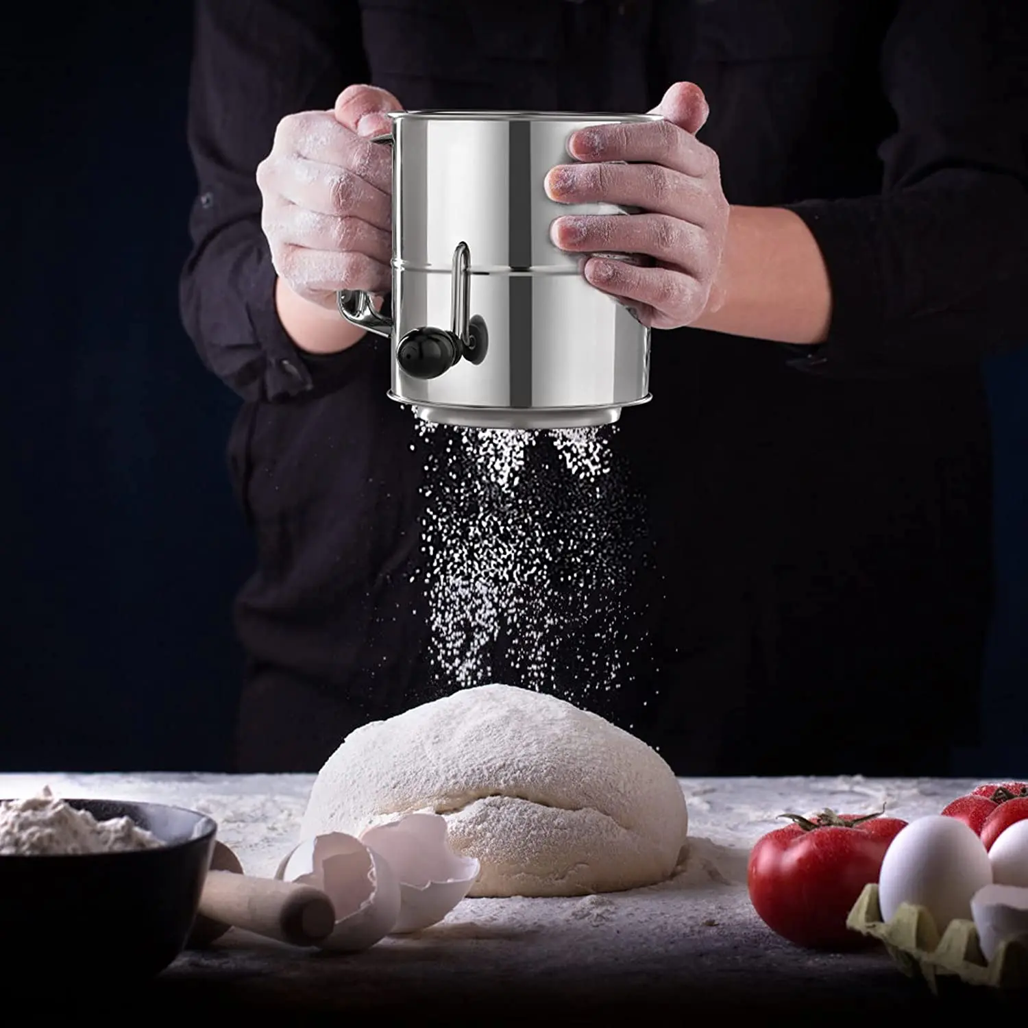 8-Cup Large Flour Sifter Fine Mesh Stainless Steel Shaker Sieve with Hand Crank for Baking