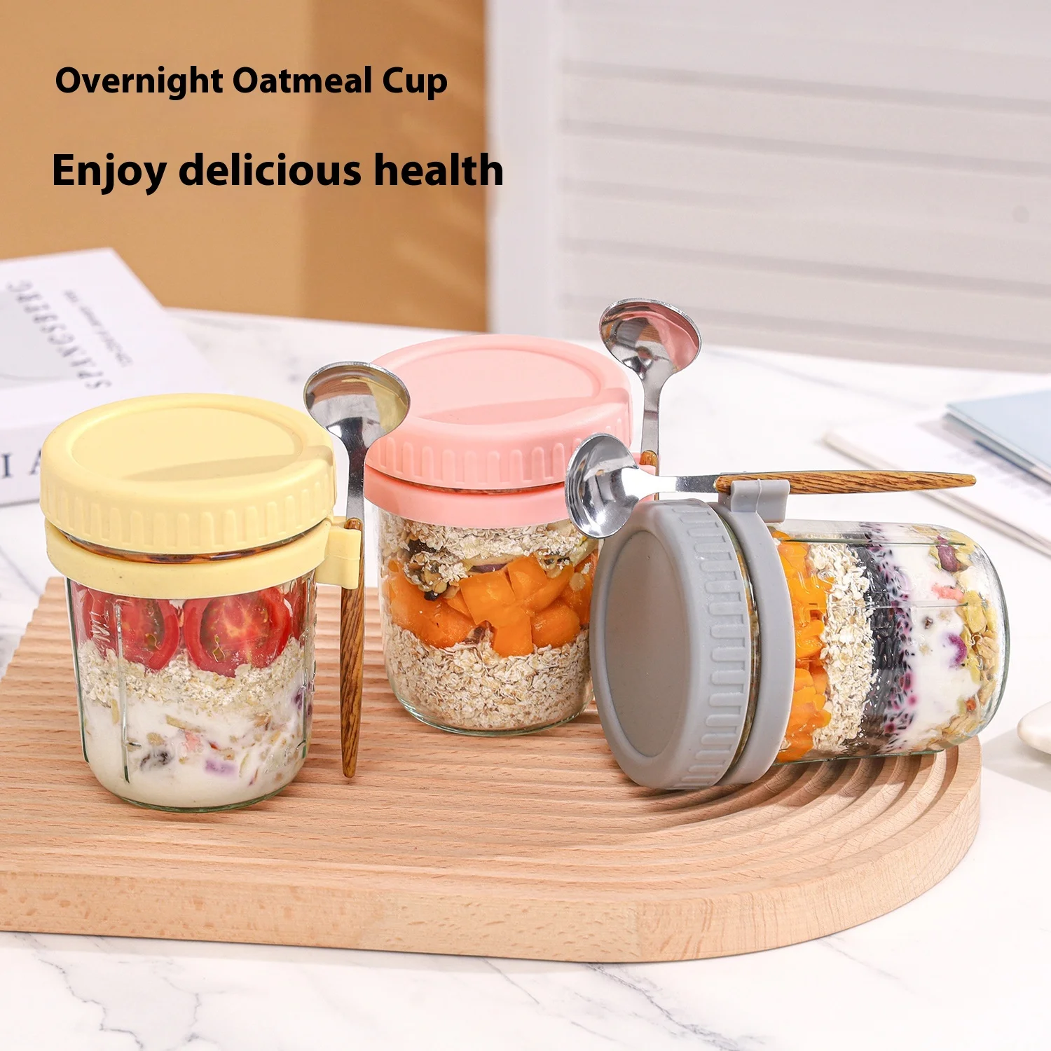 Portable Kitchen Great Food Container Night Style Glass Sealed Oatmeal Cup Hanging Spoon Yogurt Breakfast Oat Milk Salad-PP Gift