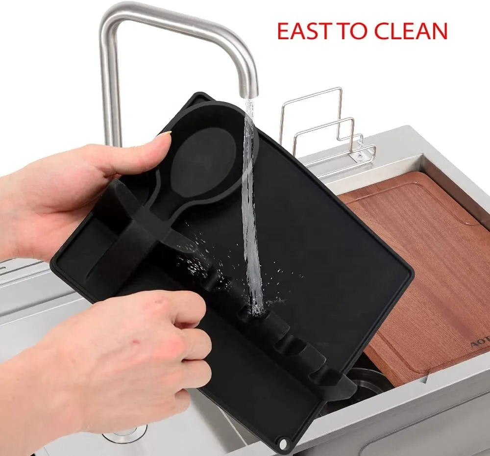 Utensil Rest with Drip Pad Spoon Rest 2 in 1 Larger Size Silicone Spoon Holder for Stove Top Hang Hole Design, Black