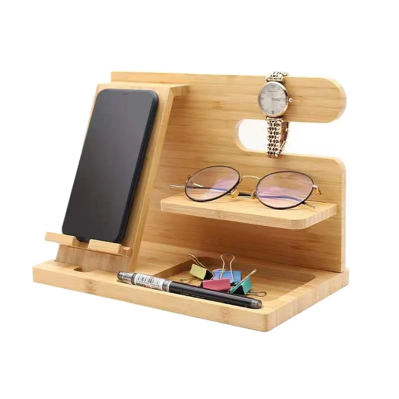 Bamboo Wood Phone Docking Station Key Holder Wallet Stand Watch Organizer and Accessories