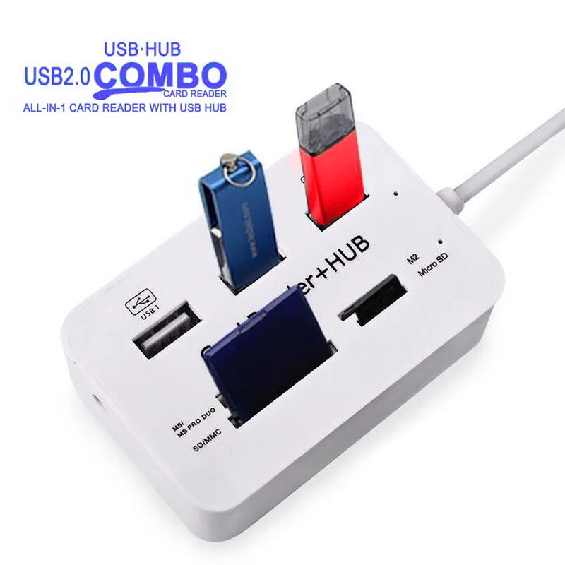 USB-концентратор Combo 2,0, высокоскоростной USB-концентратор 2,0, USB-разветвитель, портативный все в одном, мини-кардридер для SD/MMC/M2/MS Pro Duo