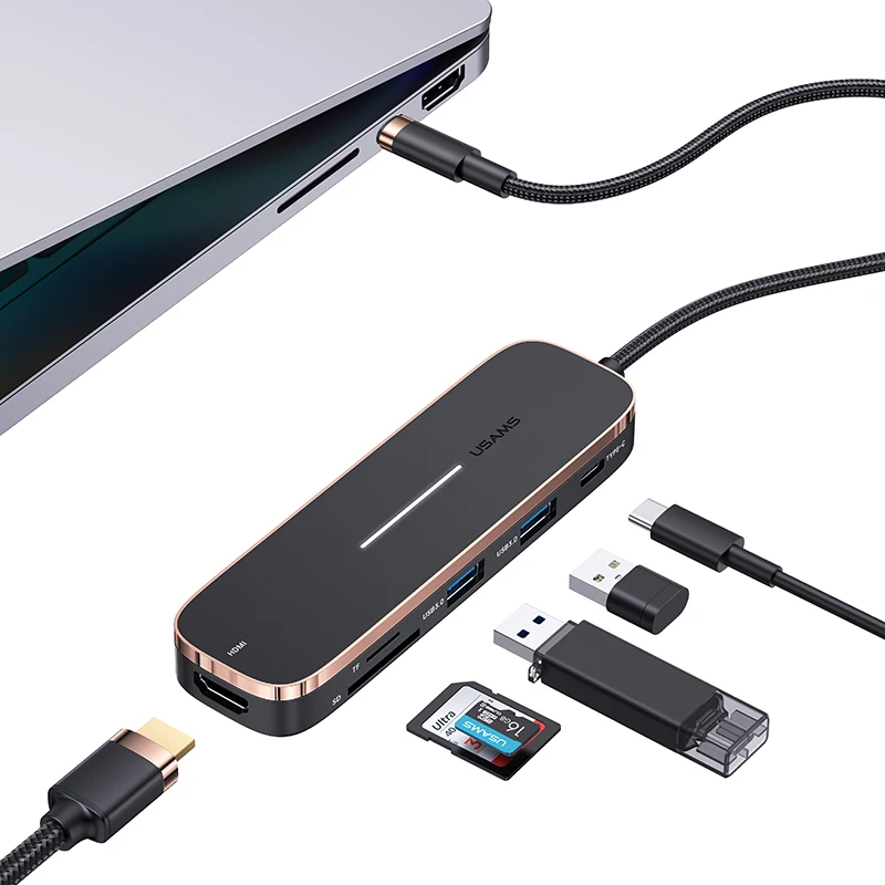 USAMS оптовая продажа партиями по 6 в 1 док-станция кабель с разъемами типа c и USB3.0 адаптером PD 100W Usb C концентраторы для