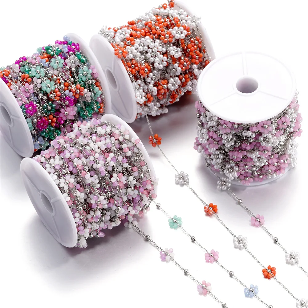 Manna 1M Crystal Flower Handmade Chain Crystal Beaded Stainless Steel Chain Roll For Jewelry Making