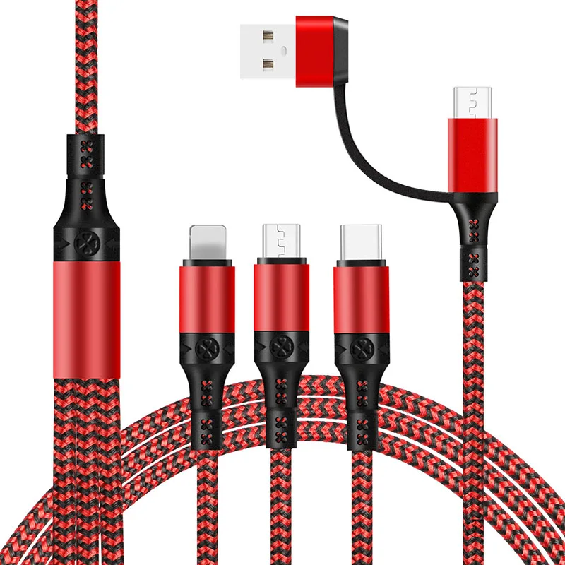 PD 5 in 1 USB Cable Nylon Braid Fast Charging Cable 1.2M Dual Input Type C To Type C Micro USB Cable for iPhone Samsung