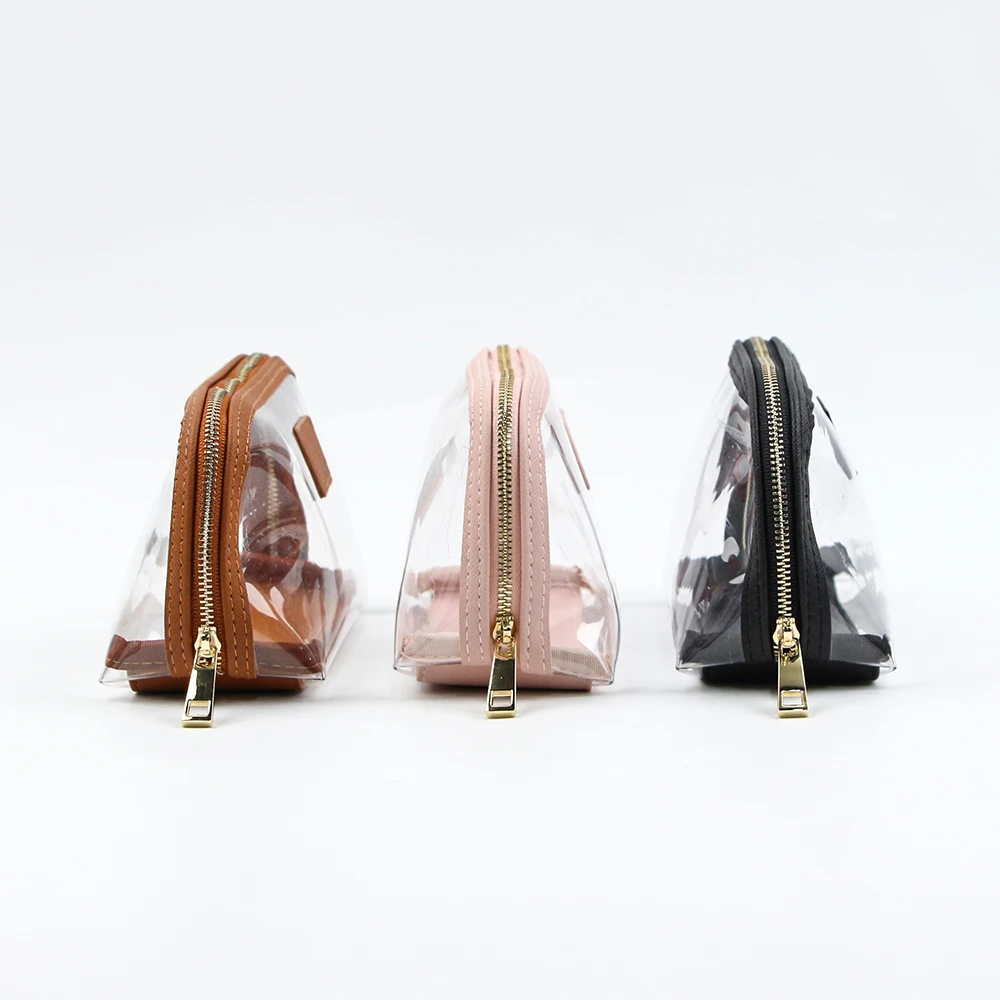 Wholesale New Trendy Designer Pink Brown Black PU Leather And Clear PVC Makeup Cosmetic Pouch Bag With Metal Zipper For Women
