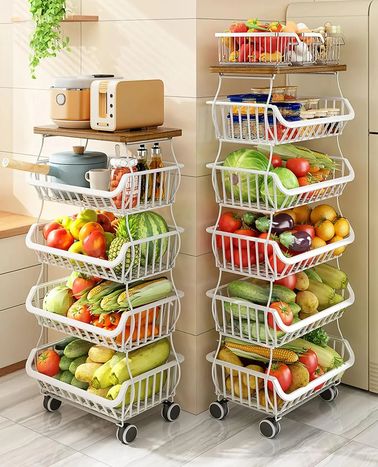 Fruit Vegetable Storage Basket,5 Tier Stackable Wire Storage Baskets with Wheels,Produce Basket Organizer Bins for Kitchen
