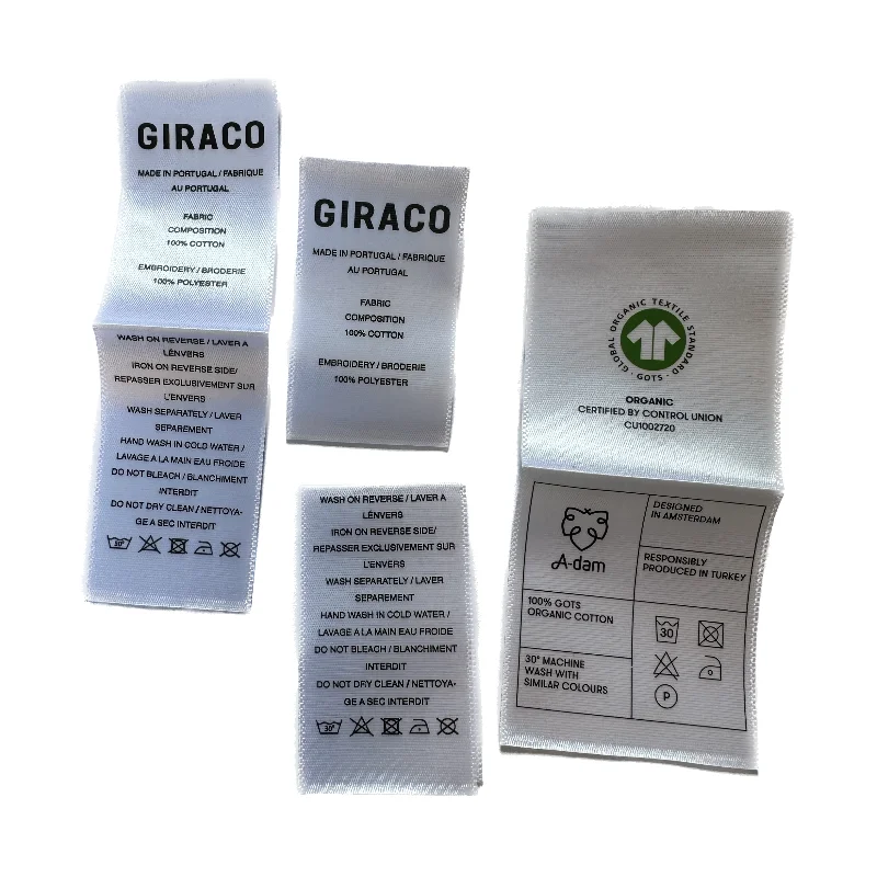 Customized high quality single side satin woven edge silk screen print care label washing label