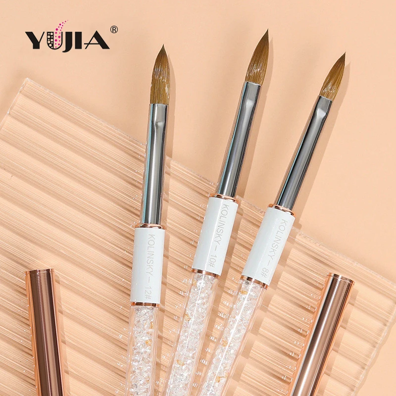 Wholesale Custom Logo Rose Gold Copper Parts Sliver Rhinestone handle 100% Pure Kolinsky Hair Acrylic Nail Art Brush