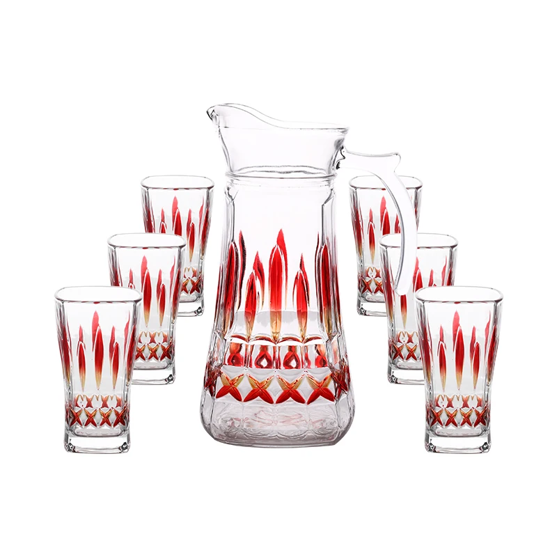 customized china supplier high  quality sprayed color 7pcs classic glass drinking set special base pitcher and tumbler set