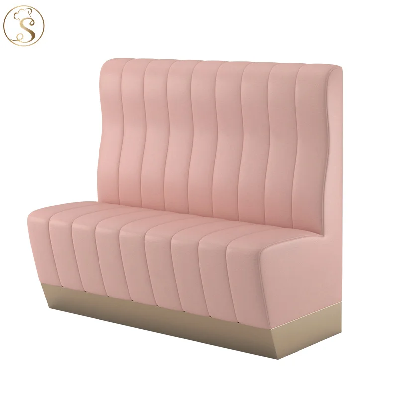 Modern Pink Restaurant Sofa Leather Booth Cafe Table And Chairs Furniture Set Restaurant Booth Gold Stainless Metal leg Tables