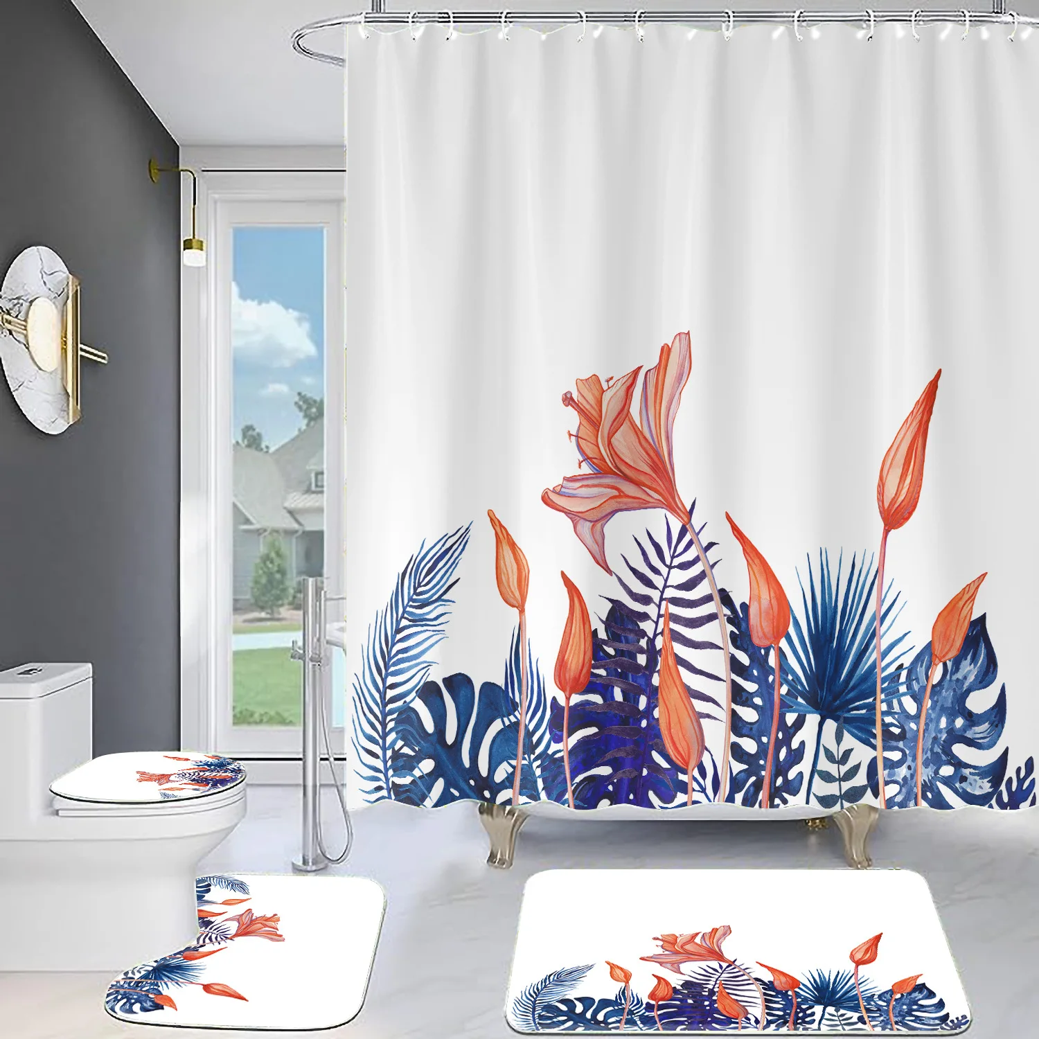 Glamorous Bathroom Set 4 pcs with Floral  Fabric bathroom Shower Curtain and Rugs and Accessories
