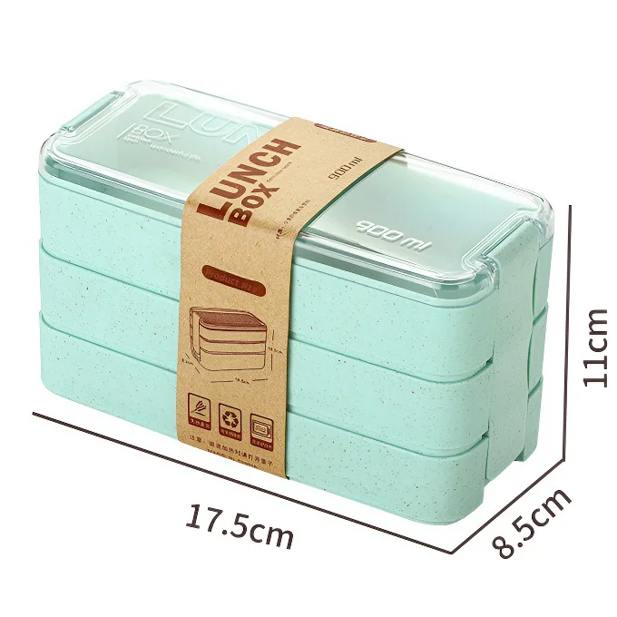 TATA Factory Wholesale Customization 3-In-1 Compartment Wheat Straw Bento Adults Lunch Box Square Three-layer Bento Box