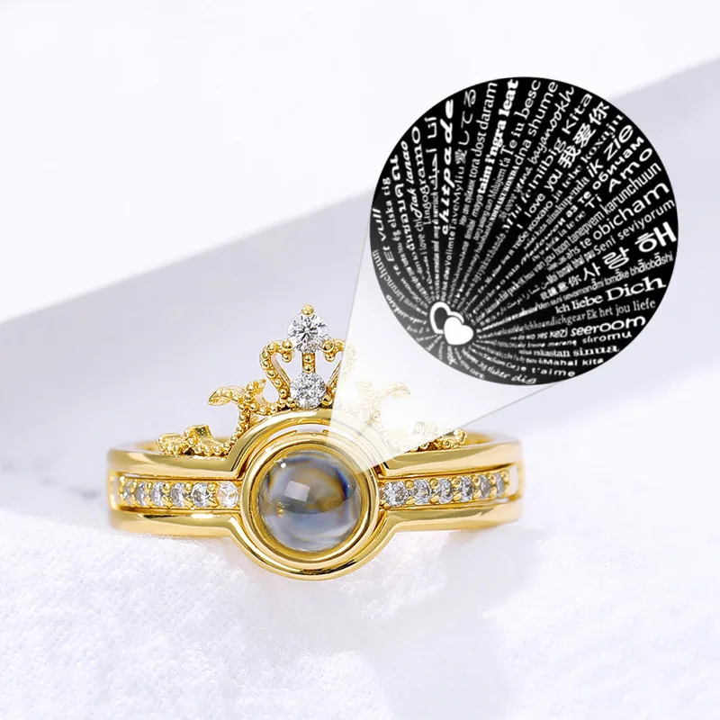 Fashion Valentines Day Gifts Two In One Crown Couple Ring 100 Languages I Love You Ring