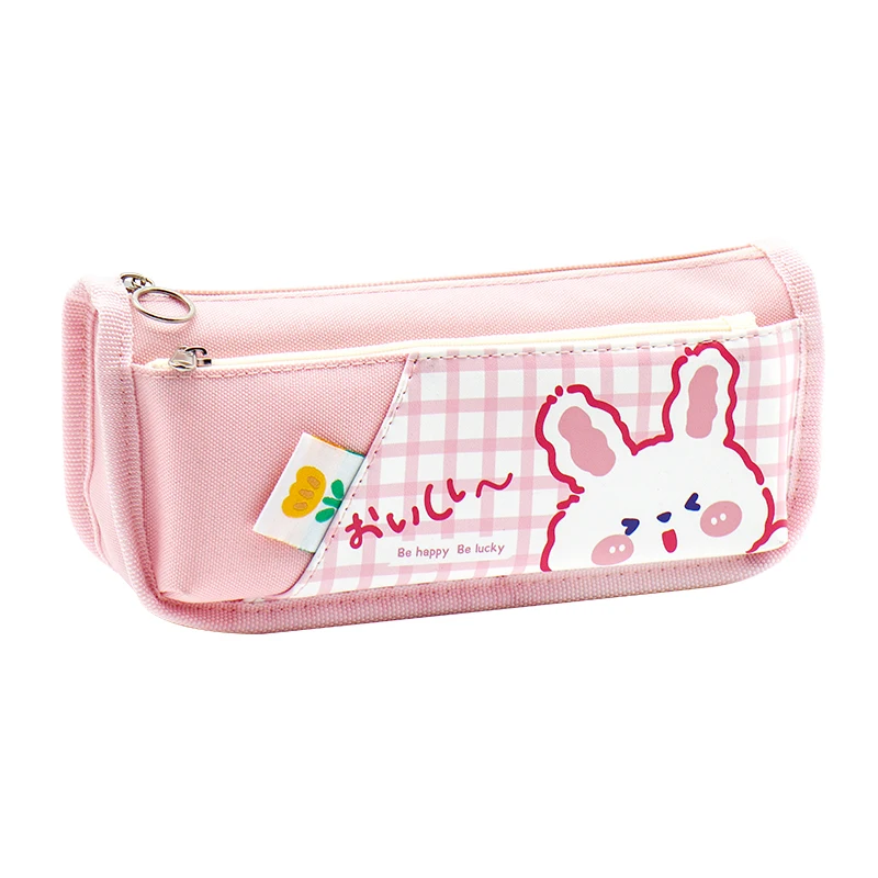 Large capacity cartoon cute check pencil bag girls primary and middle school students ins Japanese small fresh stationery bag