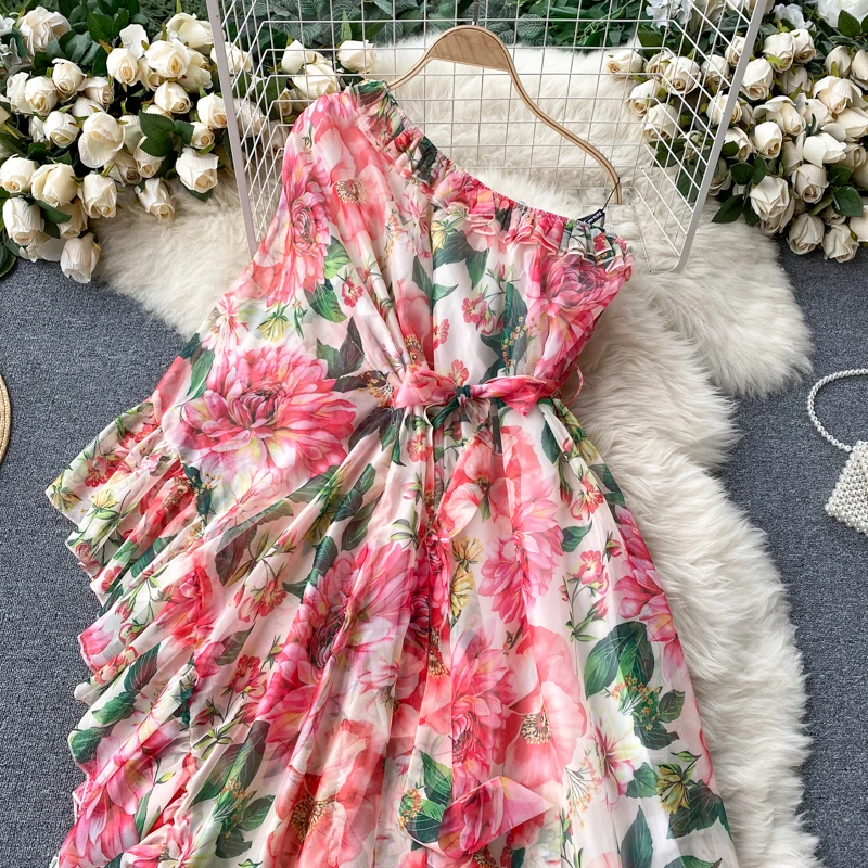 New arrival Summer Boho Floral Dress Chiffon Women Floral Maxi Dresses Summer One Shoulder Chiffon Korean Dress Floral