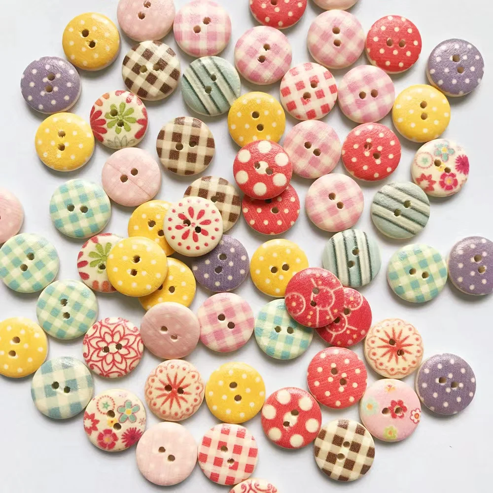 Hot-sale 15mm dot painted wooden button mixed color buttons two hole wooden fashion buttons