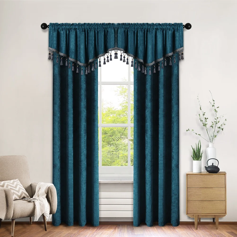 Modern Chenille Solid Curtains Fabric with Attach Valance for Living Room Window Pelmet Ready Made for Kitchen