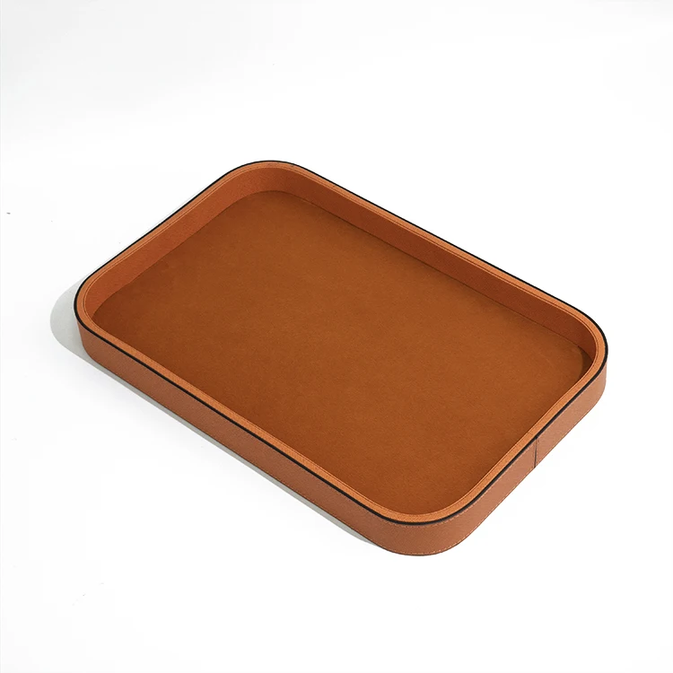 Wood Serving  Tray Home Decorative Wooden Rectangle Ottoman Leather Decor Platter Bathroom Vanity Tray With SABER Certificate