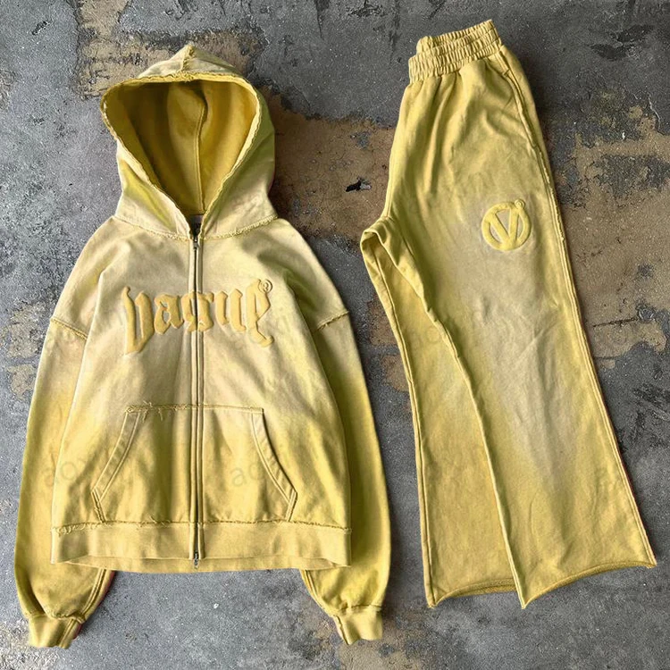 Tracksuit Manufacturer 100% Cotton Heavy Weight Custom Puff Print Acid Wash Sun Faded Zip Up Oversized Hoodies And Sweatpants