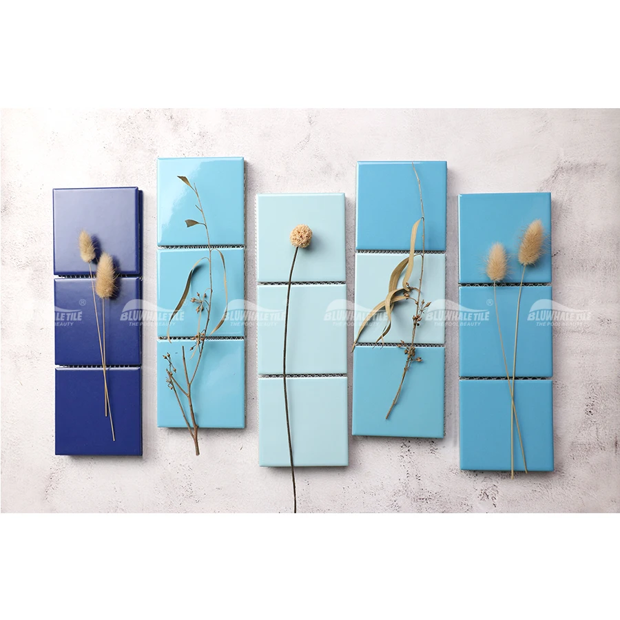 Foshan Factory Price Waterproof Classic 97x97mm 4x4 Inch Square Blue Glazed Porcelain Mosaic Bathroom Wall Swimming Pool Tiles